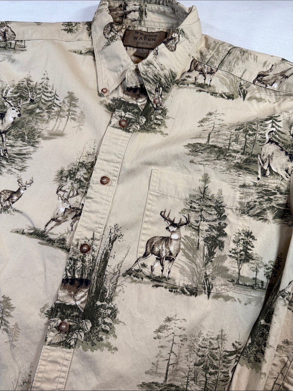 Woods Water Outfitters Deer AOP Hunting Button Down Shirt XL
